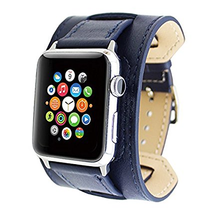 Wearlizer Genuine Leather Watch Band Replacement Strap w/ Metal Clasp for Apple Watch Series 1 2 all Models Cuff Design - 42mm Blue