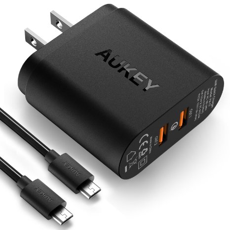 AUKEY USB Wall Charger with Dual Quick Charge 2.0 Ports & 2 MicroUSB Cables for Samsung S7/S6/Edge, Note 4/5 & More