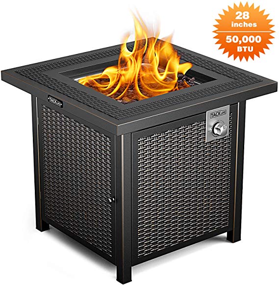 TACKLIFE Propane Fire Pit Table, Outdoor Companion, 28 Inch 50,000 BTU Auto-Ignition Gas Fire Pit Table with Cover, CSA Certification and Strong Striped Steel Surface, Table in Summer, Stove in Winter