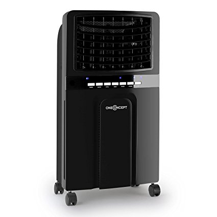 oneConcept Baltic Black Air Cooler • Radiator • Fan • Humidifier • Purifier • 65W • 400 m³/h • Remote Control • Solid Blowing Direction • Aumotatic Pivoting Movement • 4 Manoeuvrable Ground Rollers • 2 Ice Packs • Remote Control • Black