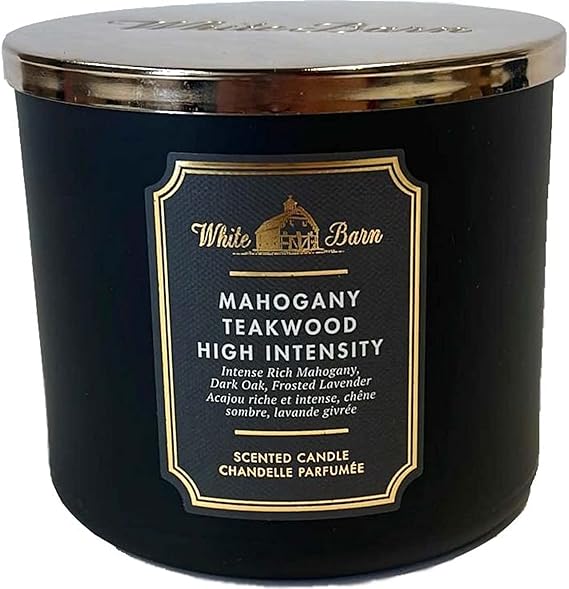 White Barn Candle Company Bath and Body Works 3-Wick Scented Candle w/Essential Oils - 14.5 oz - Mahogany Teakwood (High Intensity - Black)