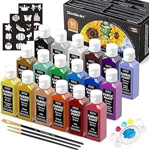 Shuttle Art Fabric Paint Permanent for Clothes, 18 Colours Fabric Paints in Bottles (60ml/2oz) with Brushes, Palette, Stencils, Non-Toxic Textile Paints for T-Shirt, Shoes, Bag, Jeans, No Heating Need