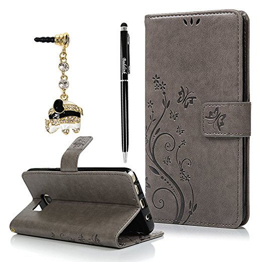 Note 5 Case,Samsung Galaxy Note 5 Case - Badalink Fashion Wallet PU Leather with Embossed Flowers Butterfly [Card Holders] Flip Cover with Hand Strap & 3D Cute Elephant Dust Plug & Stylus Pen - Gray