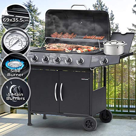 Gas Grill Burner | 5 Main Burners (UK/EU), 1 Side Burner, Lid, Thermometer, 2 Wheels, Steel, Black | BBQ Gas Grill, Outdoor Barbecue, Garden Grill