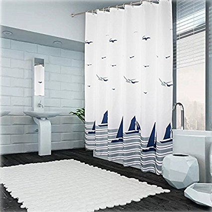 Uforme Beach Theme Boat Print Shower Curtain No More Mildews and Waterproof, White and Navy Blue Bathroom Curtain Durable Polyester with Hooks, Standard Size, 72 Inch By 72 Inch