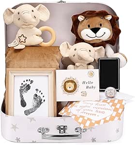 Lictin Baby Shower Gifts, Newborn Baby Gifts Basket, Unisex Baby Gift Set with Baby Blanket, Baby Security Blanket, Baby Rattle, Baby Bib, Decison Coin, Keepsake Footprint, Infant Gift Set