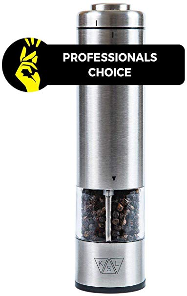 KSL Electric Salt and Pepper Grinder (Single) - Batteries Included - Gift-Ready Box - Automatic One Hand Operation Mill - Powered Kitchen Shaker - LED Light - Adjustable Coarseness - Stainless Steel