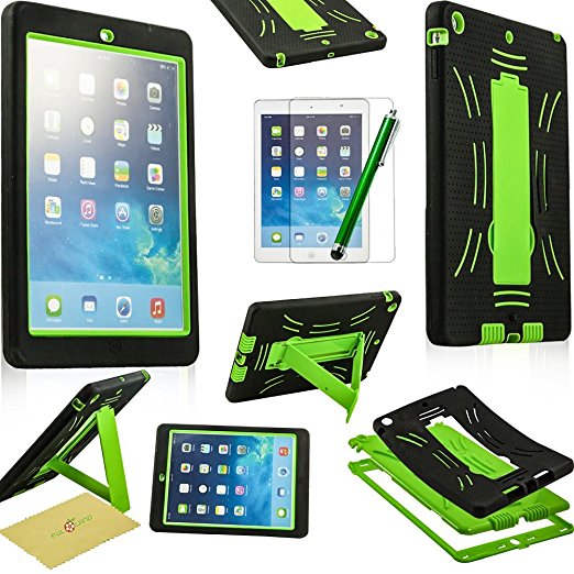Fulland Hybrid Heavy Duty Hard Plastic/Soft Silicone Case with Stand for Apple Ipad Air 5 plus bonus Stylus Pen and Screen Protector -Black/Green