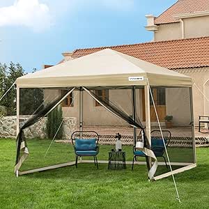 VIVOHOME 8x8ft Easy Pop-Up Canopy, Outdoor Screen Tent with Mosquito Netting, 2 Zipper Doors, and Roller Bag for Yard Camping Picnic Party Events, Beige