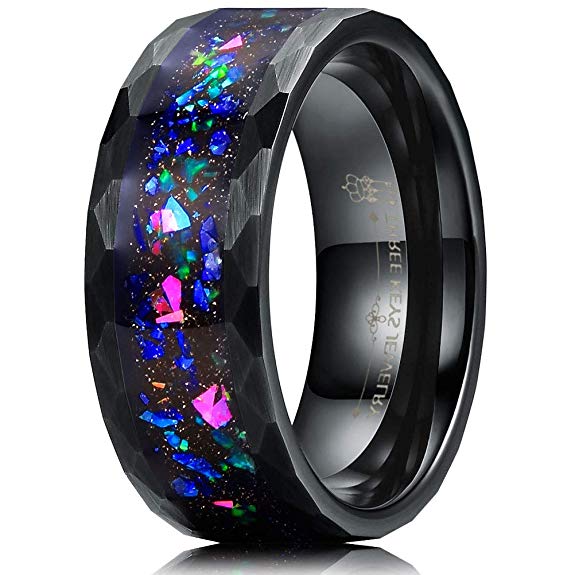 Three Keys Jewelry Mens Womens Tungsten Rings 8mm Galaxy Series Imitated Meteorite Opal Inlay Unisex Wedding Bands