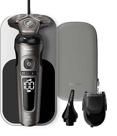 Philips Razor S9000 Prestige Electric Wet and Dry Shaver, Shiny Chrome, Lift & Cut Shaving System, SkinIQ Technology, Qi Charging Pad, Beard Styler, Nose Trimmer (Model SP9871/22)