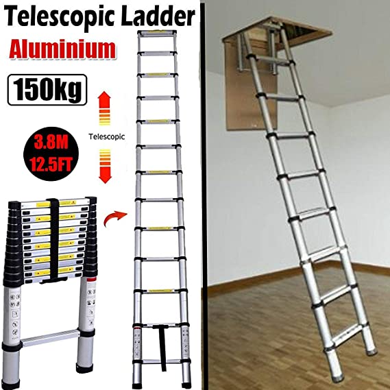 3.8M 12.5FT Aluminum Telescoping Collapsible Roof Climbing Ladder for Home Loft Attic Ladder, EN131