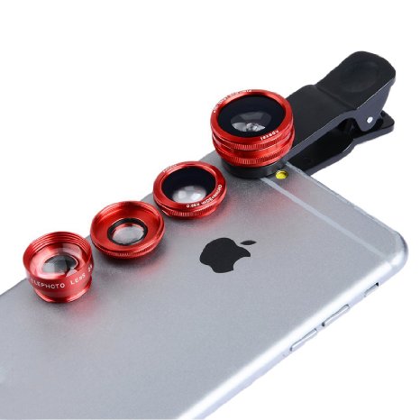 Apexel 4 in 1 Camera Phone Lens Kit 180 Degree Fisheye   0.65x Wide Angle  10x Macro Lens   2x Telephoto Lens for Iphone Samsung Phones Tablets Red