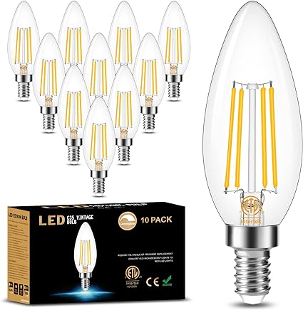 Cotanic E12 LED Bulb Dimmable 3000K Soft White, LED Candelabra Bulbs 60Watt Equivalent, Small Base Type B Light Bulbs, Candle Shape Chandelier Light Bulbs Clear Glass, 600LM, 10 Pack, CTC353K