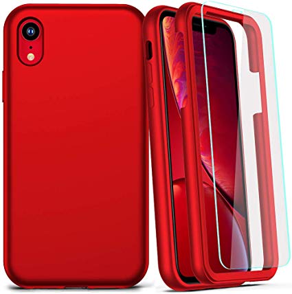 COOLQO Compatible for iPhone XR Case, 360 Full Body Coverage Hard PC Soft Silicone TPU 3in1 Shockproof Matte Phone Cover [Certified Military Protective] with 2 x Tempered Glass Screen Protector -Red