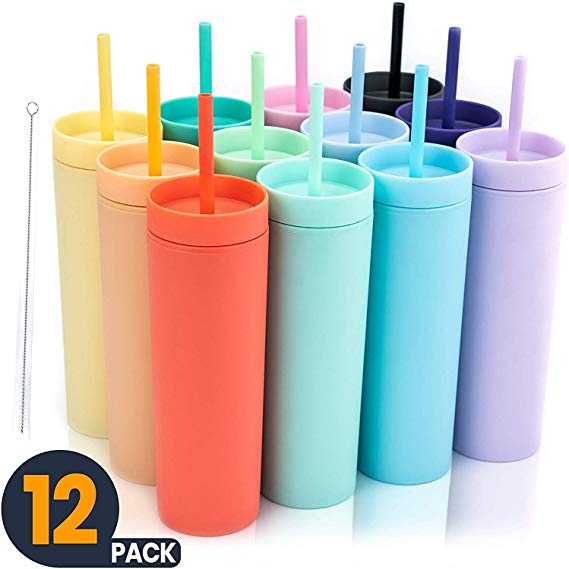 SKINNY TUMBLERS (12 pack) Matte Colored Acrylic Tumblers with Lids and Straws | Skinny, 16oz Double Wall Plastic Tumblers With FREE Straw Cleaner! Reusable Cup With Straw | Vinyl DIY Gifts