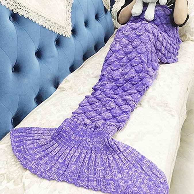 Adult Mermaid Tail Blanket Fish Scales, Super Warm Soft Knit Sleep Blanket Seasons Warm Soft Living Room Sleeping Bag Best Birthday Christmas gift 71" x 35" Fish scale (purple)