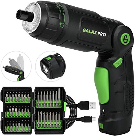 Electric Screwdriver, GALAX PRO 2000mAh 3.6V Li-on 4Nm Cordless Screwdriver, 3 Flexible Positions and 6 Torque Setting with 39pcs Bonus Bits, Front and Rear Lam in a Storage Box