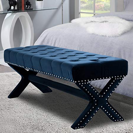 Iconic Home Buzz Modern Contemporary X-Leg Button Tufted Navy Blue Velvet Bench