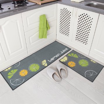 Carvapet 2 Piece Non-Slip Kitchen Mat Rubber Backing Doormat Runner Rug Set, Lemon Design (Grey 15"x47" 15"x23")
