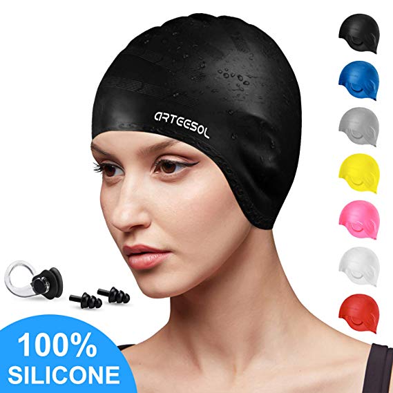 arteesol Swimming Cap, Silicone Swim Cap for Women Men, Durable Non-Slip Waterproof Swim Cap Protect Ears, Long Hair for Adults, Older Kids, Boys and Girls