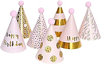 mollensiuer 7 Pieces Pink and Gold Cone Birthday Party Hats with Pink Plush Ball Birthday Party Supplies and Decorations for Group Activities, Games and Decorations
