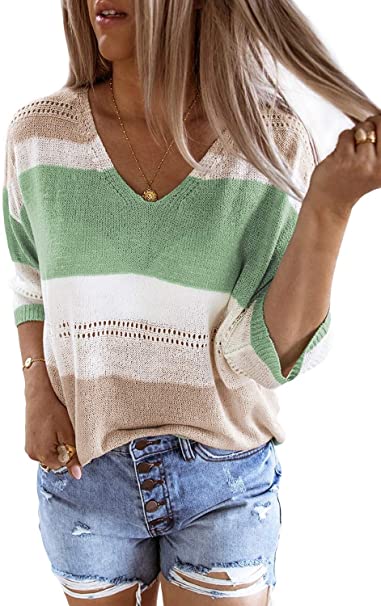 Dokotoo Womens Cute Summer Color Block Striped Lightweight Comfy Cable Knit Beach Pullover Sweaters