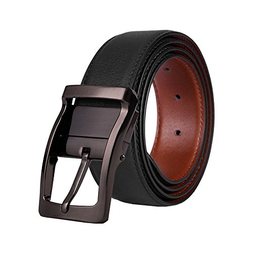 Mens Leather Belt Reversible Black Belt for Men with Rotated Polished Buckle by BESTKEE