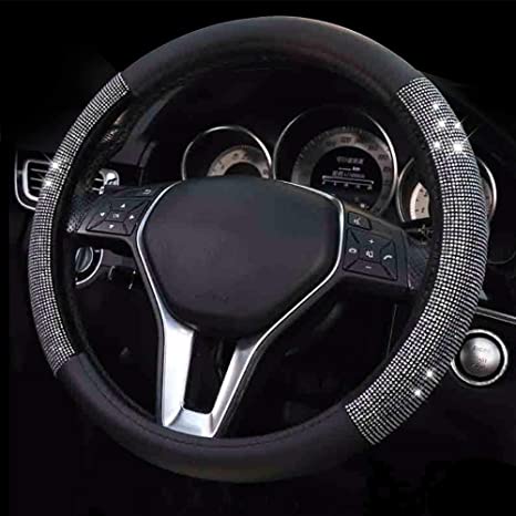 ZHOL Diamond Leather Steering Wheel Cover with Bling Bling Crystal Rhinestones, Universal Fit 15 Inch Anti-Slip Wheel Protector