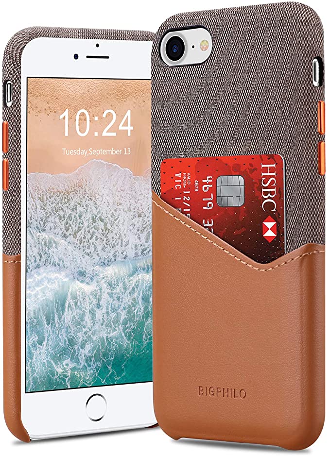 Bigphilo iPhone 7 Plus Case & iPhone 8 Plus Case with Card Holder, Mix Series Wallet Style Slim Cover, Soft-Touch Fabric with Vegan Leather Case for iPhone 7 Plus and iPhone 8 Plus - Brown/Brown