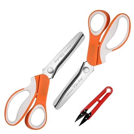 Pinking Shears Set (Pack of 2 PCS, Serrated & Scalloped Edges) by Chooling - Zig Zag Scissor for Fabric Leather - Wave Fabric Scissor - Dressmaking Sewing Dog/Triangle Teeth Tailor Scissors CL-030-I