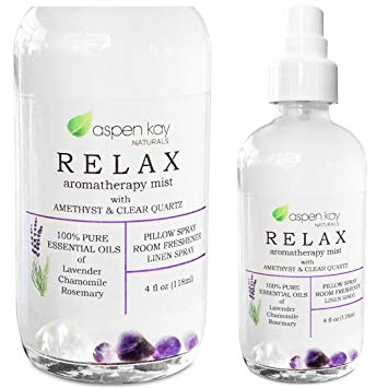 Aromatherapy Spray, Relax & Calming, Made with 100% Pure Lavender & Chamomile Essential Oils. Room & Linen Spray, with Amethyst & Quartz Crystals in Each Bottle. 4 Ounce.