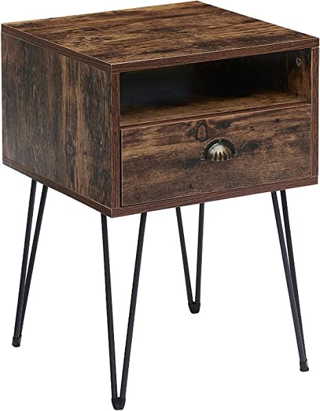 VECELO Nightstand 2-Tier Industrial End Side Table with Open Compartment & Drawer, Accent Furniture for Small Spaces, Easy Assembly, 1 Pack, Rustic Brown