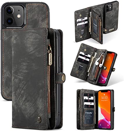 XRPow Wallet Case for iPhone 12/12 Pro (6.1Inch) [2 in 1] Magnetic Wallet Detachable Case [Vegan Leather] Folio [Card Pocket] Zipper Clutch Case Slim Shock Protection Removable Flip Cover - Black