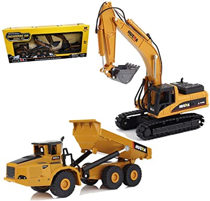 Gemini&Genius 1/50 Scale Heavy Metal Diecast Dump Truck Excavator Engineering Vehicle Construction Toys for Kids and Decoration House (Truck & Excavator Gift Box)