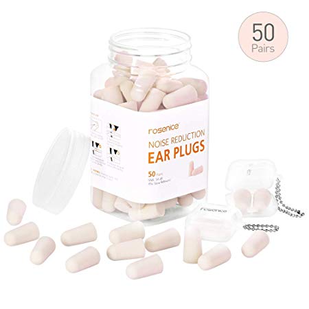 ROSENICE Ultra Soft Ear Plugs, Foam EarPlugs 50 Pairs Noise Reduction for Hearing Protection, Sleeping, Working Study Travel with 2 Carry Cases (Flesh Pink)