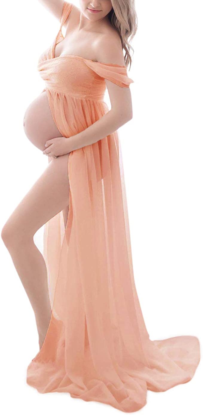 Maternity Dress for Photography Off Shoulder Chiffon Gown Split Front Maxi Pregnancy Dresses for Photoshoot