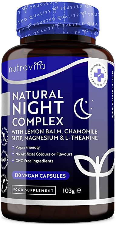 Natural Night Complex– with Lemon Balm, Chamomile, 5HTP, L-Theanine, Magnesium, Vitamin B12 – for Normal Function of The Nervous System –120 Vegan Capsules – 4 Month Supply – Made in UK by Nutravita