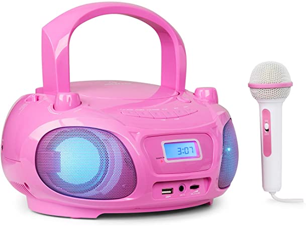 AUNA Roadie Sing - CD Radio, Portable Karaoke, Stereo System, Boombox, CD Player, USB Port, MP3, FM Radio Tuner, Bluetooth 3.0, LED Lighting, Mains and Battery Operation, Sing-A-Long Function, Pink