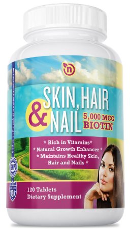 Natural Skin Hair and Nails Vitamins - 5000mcg Biotin for Growth Hair and Nails - Hair Regrowth Supplement for Baldness and Hair Loss Prevention - 25 Pure Active Ingredients to Strengthen Hair and Nails - 120 NON GMO Vegetarian Safe Tablets by NutriGood Labs
