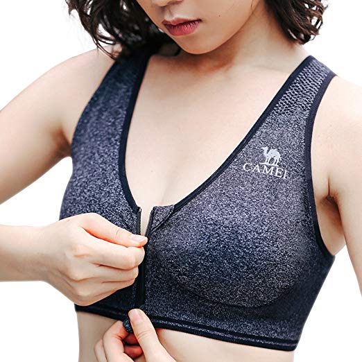 Camel Sports Bras for Women Racerback Wireless Seamless Front Zipper Closure Workout Bra