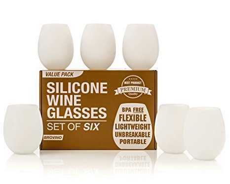 Silicone Wine Glasses - Set of 6 - Unbreakable Outdoor Rubber Wine Cups: 12 oz, Clear Silicone. 100% Dishwasher Safe - Shatterproof Drinkware / Party Cups Set for: Camping, Picnics, BBQ & Pool Parties