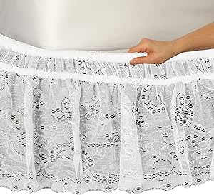 KOVOT White Floral Lace Trimmed Elastic Bed Wrap, Easy Fit Dust Ruffle Bedskirt | King/Queen