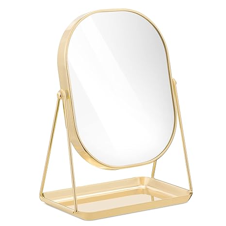 Navaris Vanity Mirror with Tray - Table Top Mirror with Metal Stand and Storage - 7" x 9" Mirror Size - For Makeup, Tabletop, Desk - Rose Gold Finish