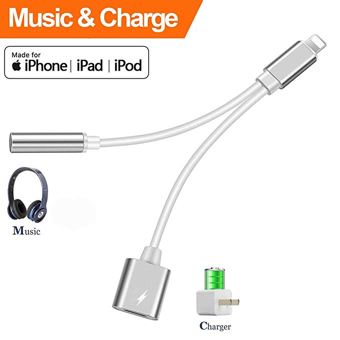 Headphone Adapter for iPhone X Adapter Charger Adapter 3.5mm Square Jack Dongle Earphone Aux Audio & Charge Compatible for iPhone X/7/7Plus /8/8Plus Splitte Listen Music and Support iOS 12 More