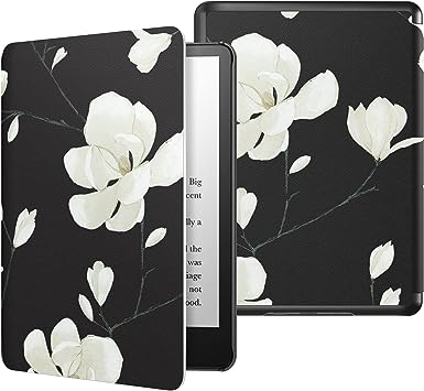 MoKo Case for 6.8" Kindle Paperwhite (11th Generation-2021) and Kindle Paperwhite Signature Edition, Light Shell Cover with Auto Wake/Sleep for Kindle Paperwhite 2021 E-Reader, Black & White Magnolia