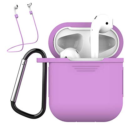 AirPods Case, Bqmte Silicone Case Protective Cover Skin with Keychain Anti-Lost Strap Compatible with Apple AirPods 2 & 1 [Front LED Not Visible] (Light Purple)