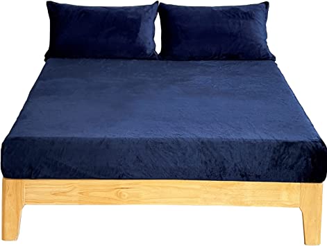 NianEr Soft Fur Velour Flannel Fitted Bed Sheet Only 16 Inch Deep Pocket Stay On with Elastic All The Way Around Winter Warm Fuzzy Bottom Sheet,Twin Navy Blue