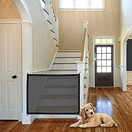 Pet Magic Gate, Pet Safety Gate, Portable Folding Mesh Magic Gate, Baby Safety Gate, Easy to Install Safe Guard for Dogs Pet Keep Dogs Away from Kitchen/Upstairs/Indoor, 110x72cm-Black