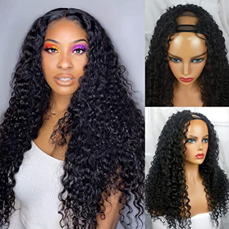ISEE Hair U Part Wigs Human Hair Kinky Curly Wigs for Black Women 16 inch Half Wig 2x4 U Shape Clip in Wigs Brazilian Remy Human Hair Extension